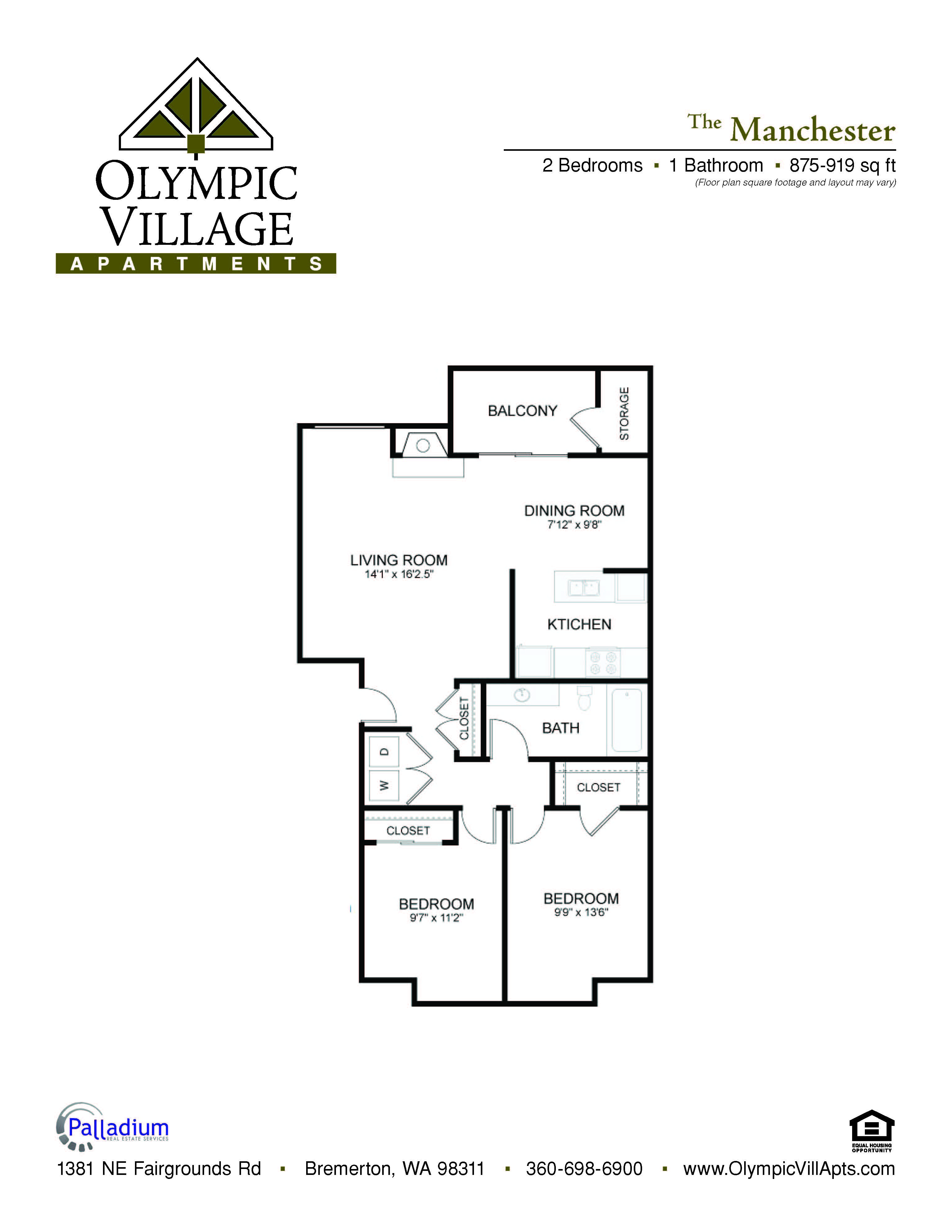 Floor plan for 2 beds, 1 bath, 919 sqft